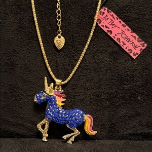 Betsey Johnson Blue and Gold Unicorn Necklace